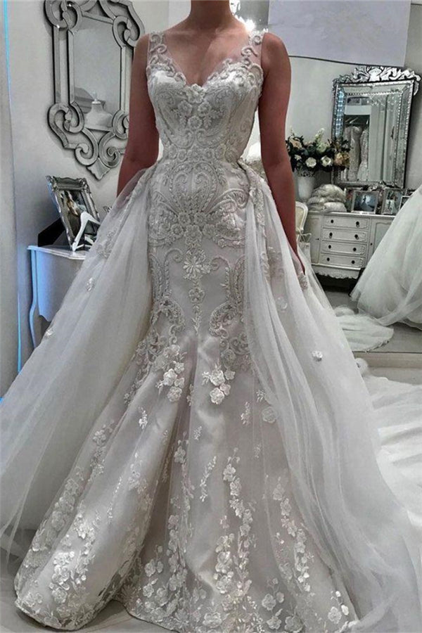 Stunning V Neck Sleeveless Ruffless Lace Appliques Wedding Bridal Gowns-Ballbella