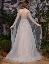 Stunning Wedding Dresses A Line Sweep Short Sleeves Beaded Jewel Neck Tulle Bridal Dresses-Ballbella