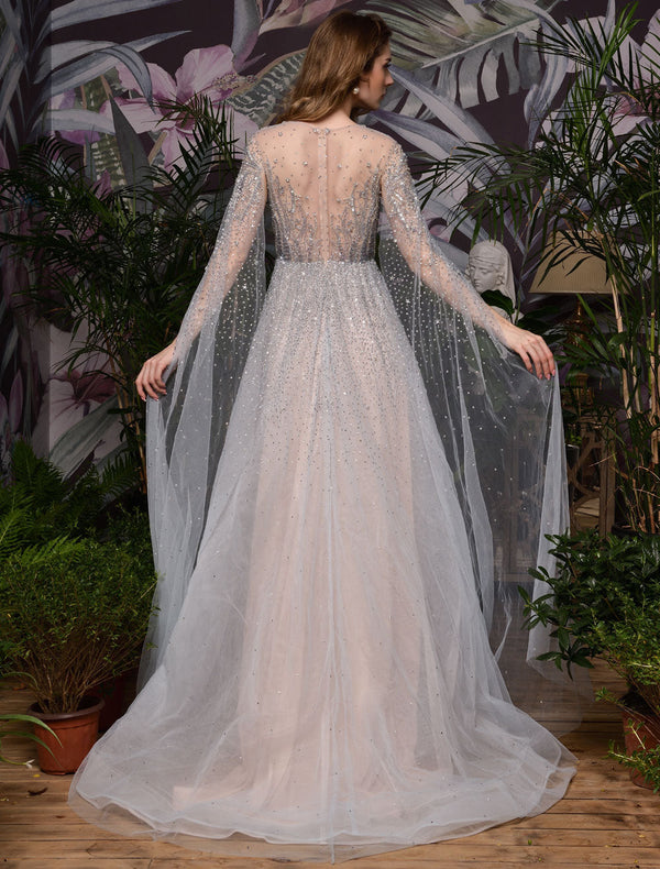 Stunning Wedding Dresses A Line Sweep Short Sleeves Beaded Jewel Neck Tulle Bridal Dresses-Ballbella