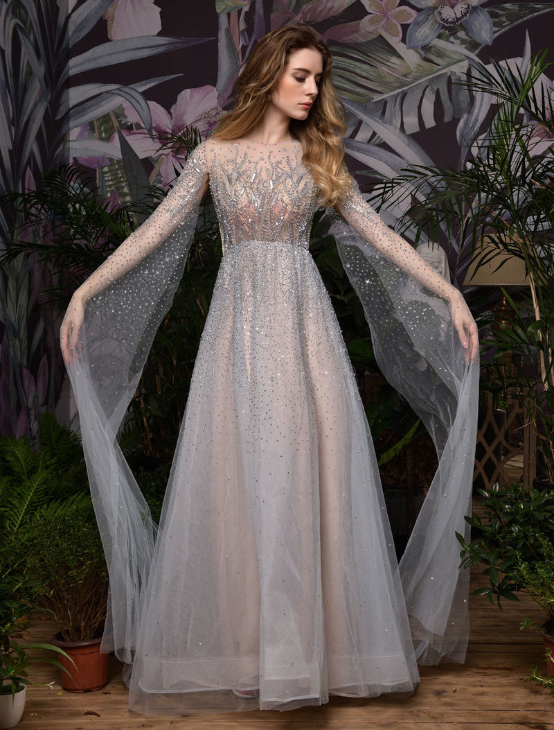 Stunning Wedding Dresses A Line Sweep Short Sleeves Beaded Jewel Neck Tulle Bridal Dresses-Ballbella