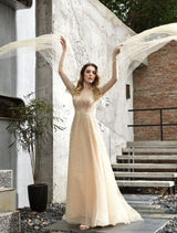 Stunning Wedding Dresses A Line Sweep Short Sleeves Beaded Jewel Neck Tulle Bridal Dresses-Ballbella