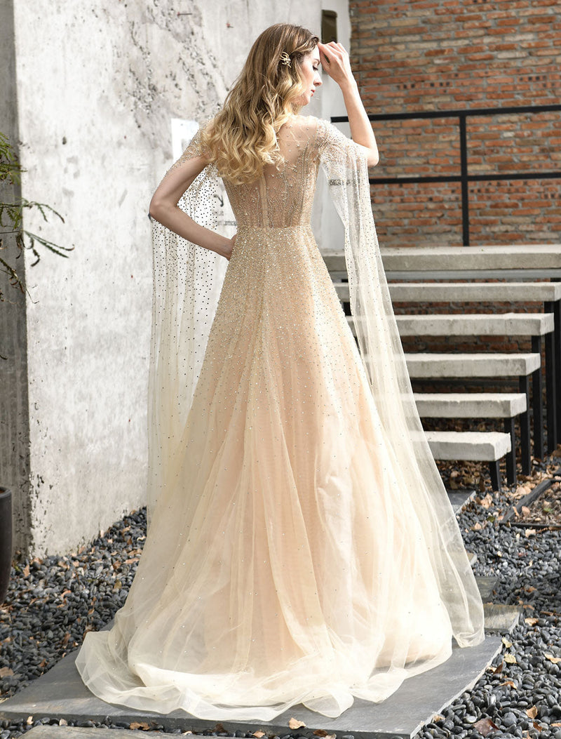 Stunning Wedding Dresses A Line Sweep Short Sleeves Beaded Jewel Neck Tulle Bridal Dresses-Ballbella