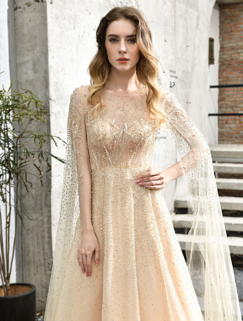 Stunning Wedding Dresses A Line Sweep Short Sleeves Beaded Jewel Neck Tulle Bridal Dresses-Ballbella