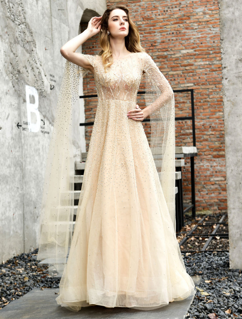 Stunning Wedding Dresses A Line Sweep Short Sleeves Beaded Jewel Neck Tulle Bridal Dresses-Ballbella
