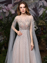 Stunning Wedding Dresses A Line Sweep Short Sleeves Beaded Jewel Neck Tulle Bridal Dresses-Ballbella