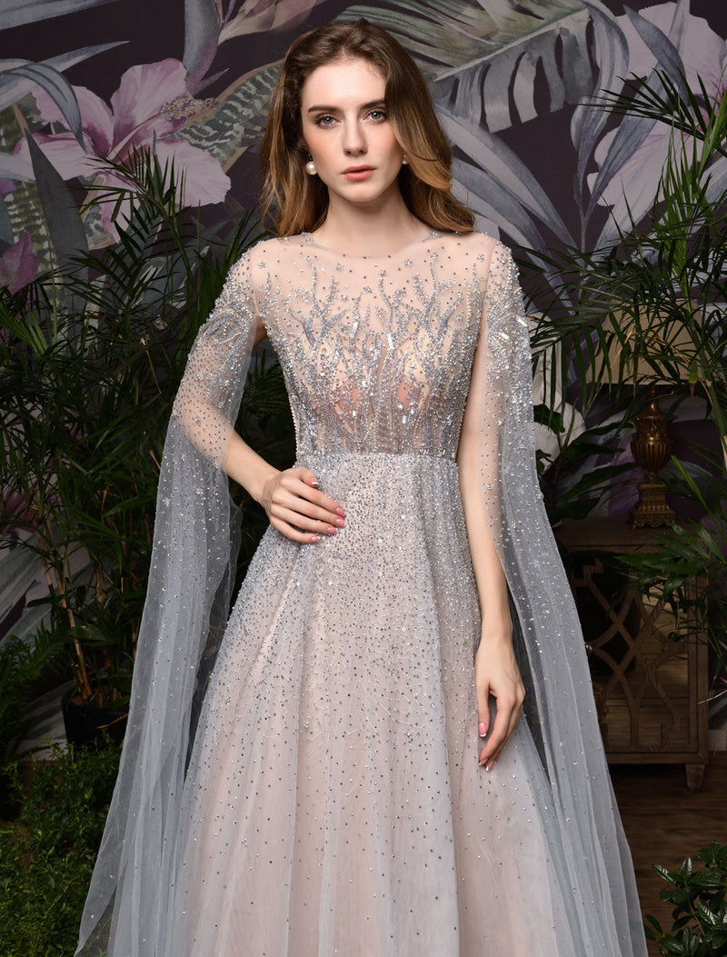 Stunning Wedding Dresses A Line Sweep Short Sleeves Beaded Jewel Neck Tulle Bridal Dresses-Ballbella