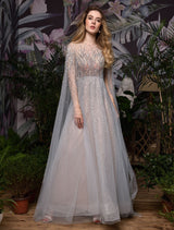 Stunning Wedding Dresses A Line Sweep Short Sleeves Beaded Jewel Neck Tulle Bridal Dresses-Ballbella