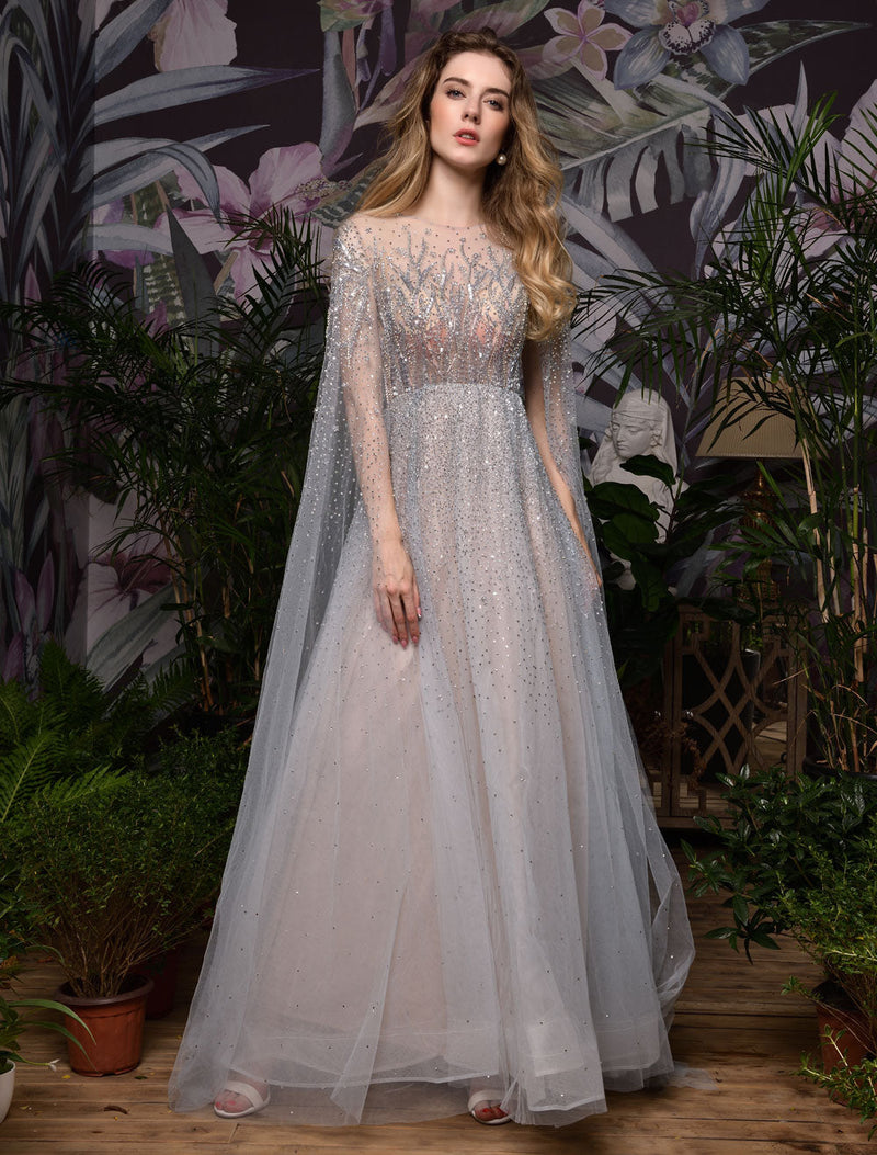 Stunning Wedding Dresses A Line Sweep Short Sleeves Beaded Jewel Neck Tulle Bridal Dresses-Ballbella