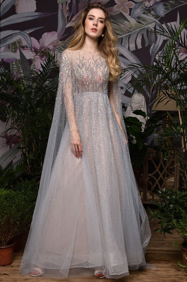 Stunning Wedding Dresses A Line Sweep Short Sleeves Beaded Jewel Neck Tulle Bridal Dresses-Ballbella