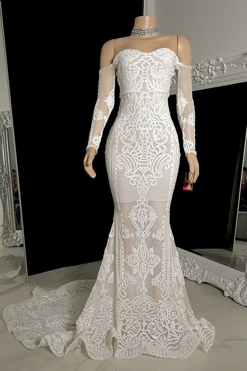 Elegant White Long Sleeves Mermaid Beading Long Party Dress Evening Gown, DP4954 main image 1