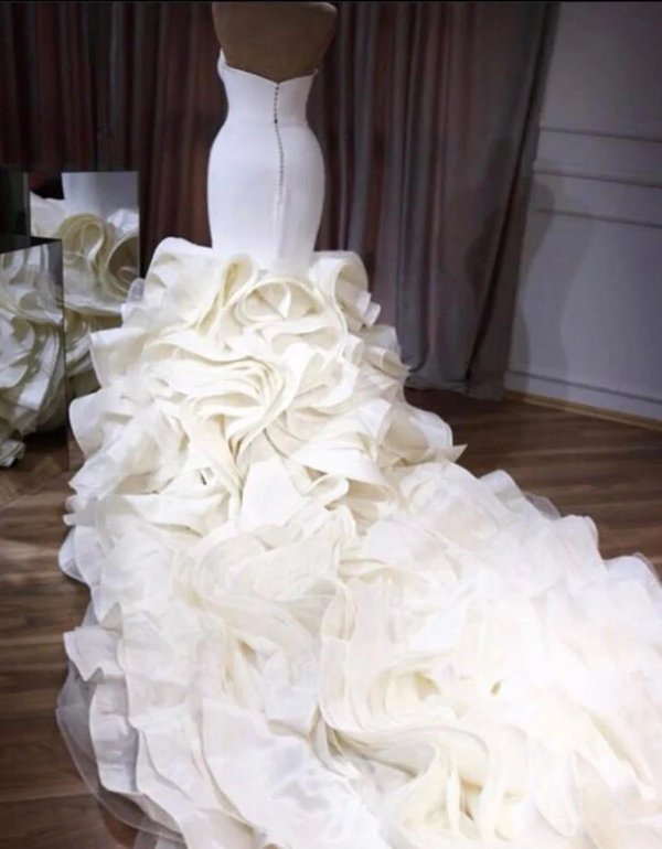 Stunning White Strapless Ruffles Long Train Mermaid Wedding dresses-Ballbella