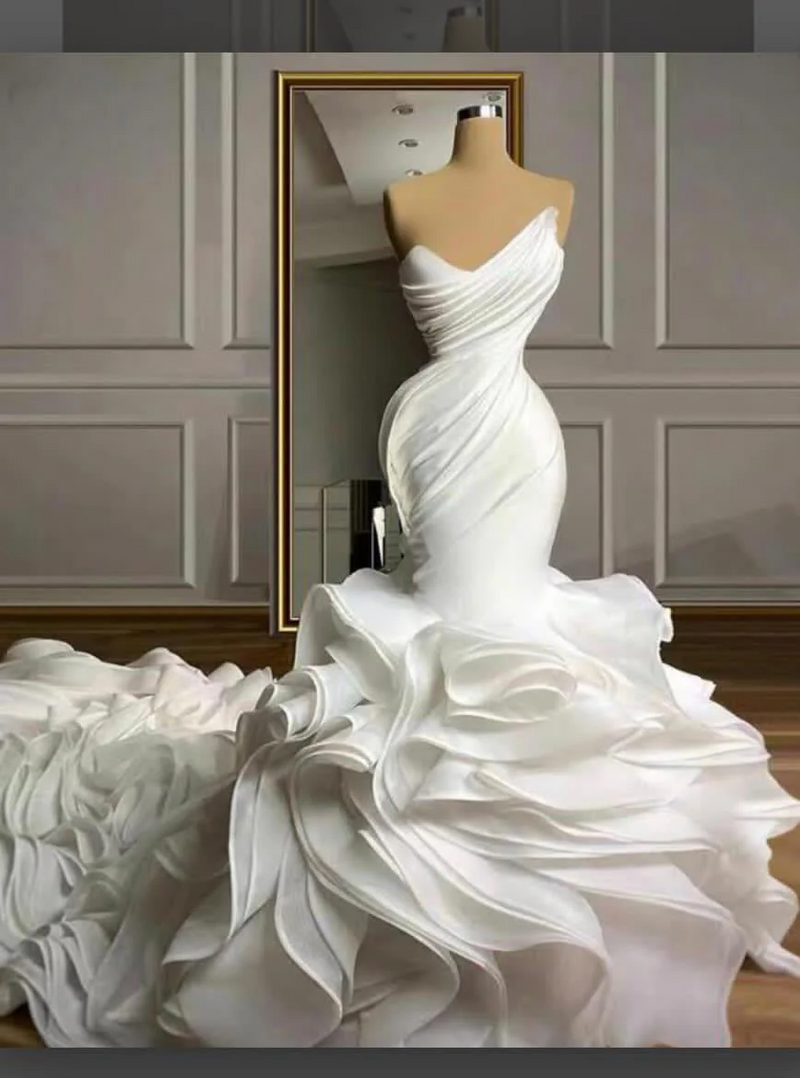 Stunning White Strapless Ruffles Long Train Mermaid Wedding dresses-Ballbella