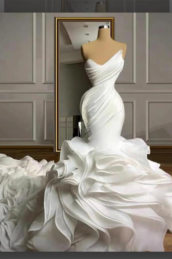 Stunning White Strapless Ruffles Long Train Mermaid Wedding dresses-Ballbella