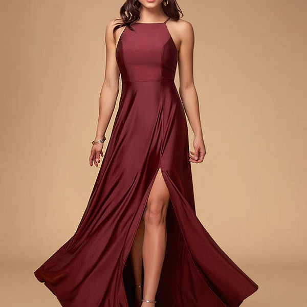 Stunning Women Evening Dress Burgundy A Line Criss Cross Lycra Spandex Formal Dinner Dresses