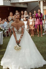 Ballbella offers Stylish Lace Appliques Aline Tulle Casual Wedding Dress Long Sleeves Garden Wedding Gown at a good price, 1000+ options, fast delivery worldwide.