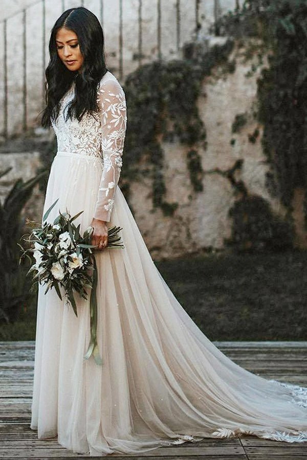 Stylish Long Sleevess Aline Wedding Dress Chiffon Bridal Gown Floor Length-Ballbella