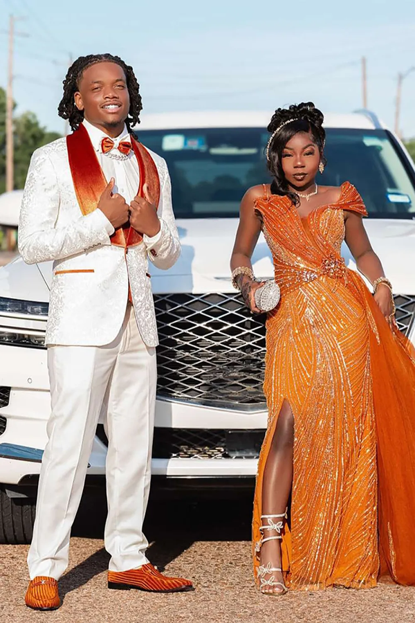 Hellymoon Men White 2 Piece Jacquard Prom Suits Shawl Lapel One Button Homecoming Tuxedo