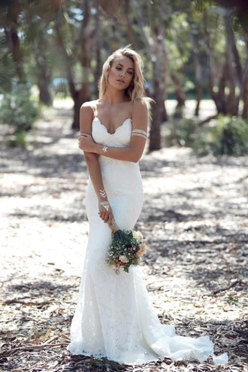 Summer Beach Spaghettis Straps Lace Backless Mermaid Wedding Dresses-Ballbella