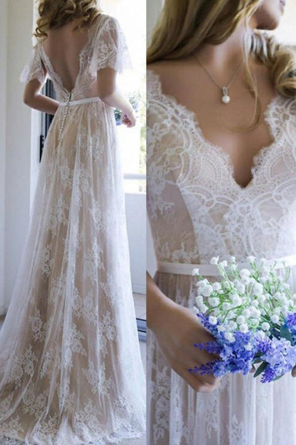 Summer Champange V neck Cap sleeveles Lace Beach Wedding Dress-Ballbella