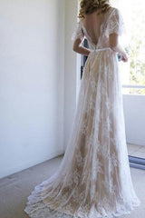 Summer Champange V neck Cap sleeveles Lace Beach Wedding Dress-Ballbella