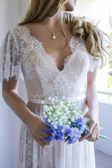Summer Champange V neck Cap sleeveles Lace Beach Wedding Dress-Ballbella