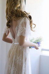Summer Champange V neck Cap sleeveles Lace Beach Wedding Dress-Ballbella