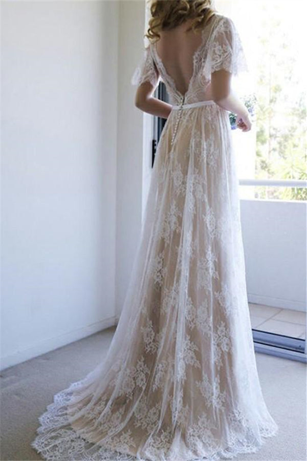 Summer Champange V neck Cap sleeveles Lace Beach Wedding Dress-Ballbella