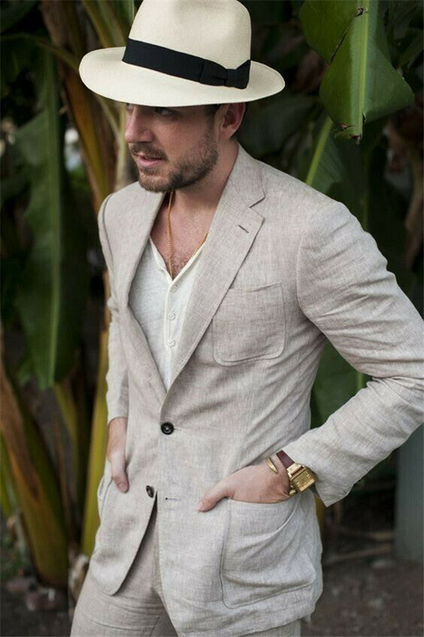 Summer Fashion Khaki Linen Suit For Men Casual Prom Dinner Groom Wedding Tuxeds-Ballbella