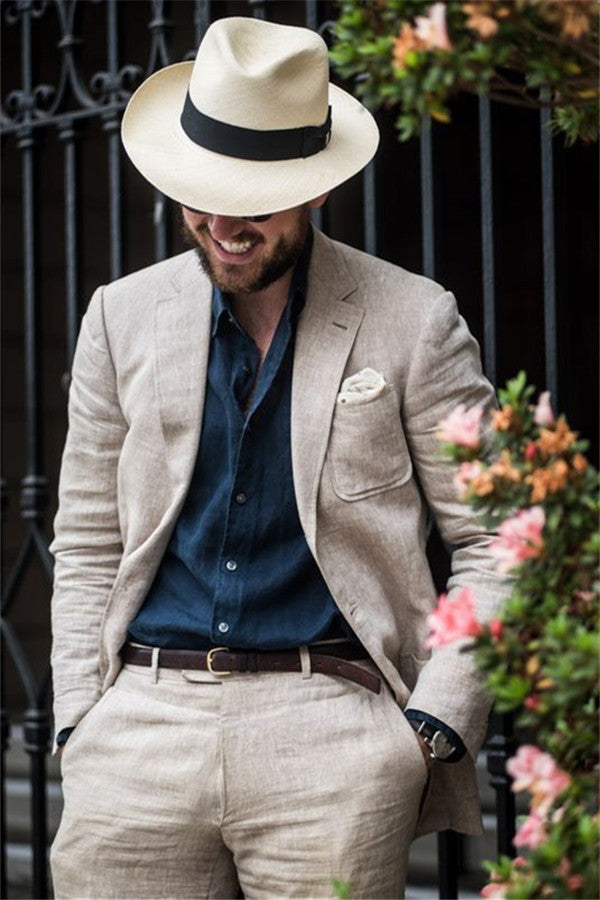 Summer Two-pieces Linen Beach Men Suits Fashion Wedding Casual Groom Tuxedo-Ballbella