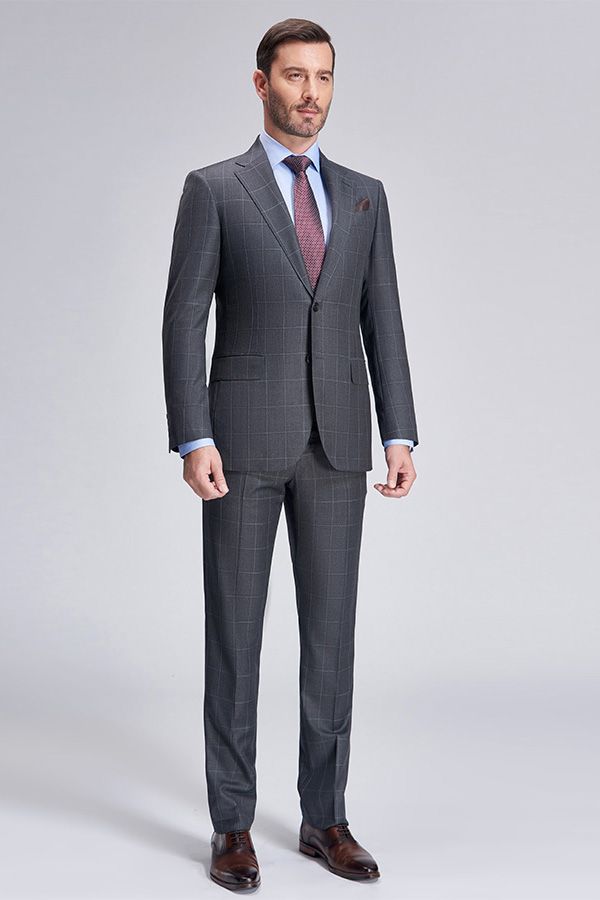 Superior Checked Notch Lapel Two Buttons Dark Grey Suits for Business Men-Ballbella