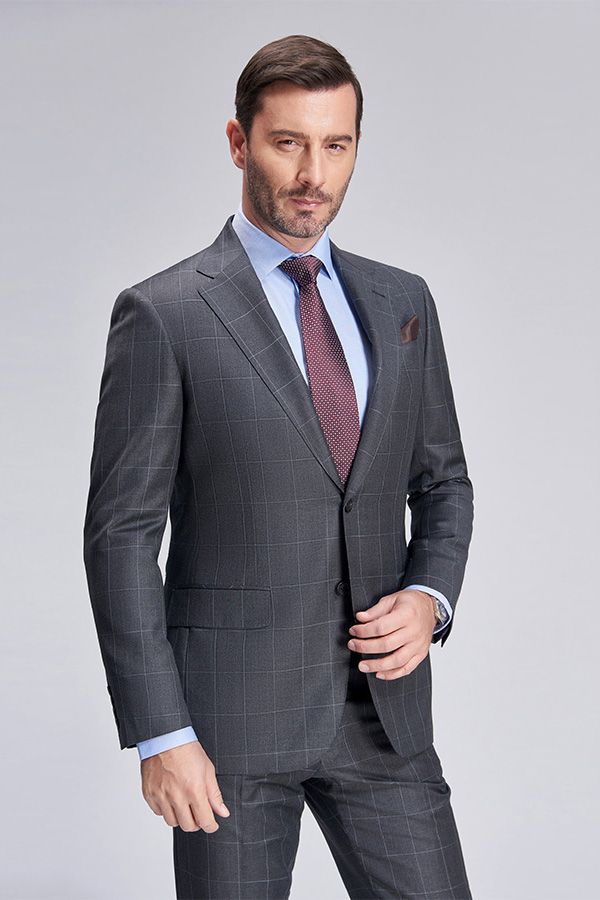 Superior Checked Notch Lapel Two Buttons Dark Grey Suits for Business Men-Ballbella