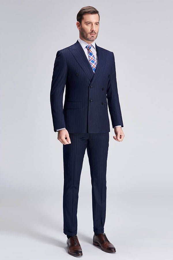 Superior Peak Lapel Double Breasted Mens Suits Pinstripe Dark Navy Suits for Men Formal-Ballbella