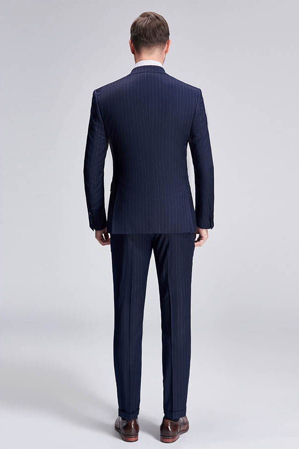 Superior Peak Lapel Double Breasted Mens Suits Pinstripe Dark Navy