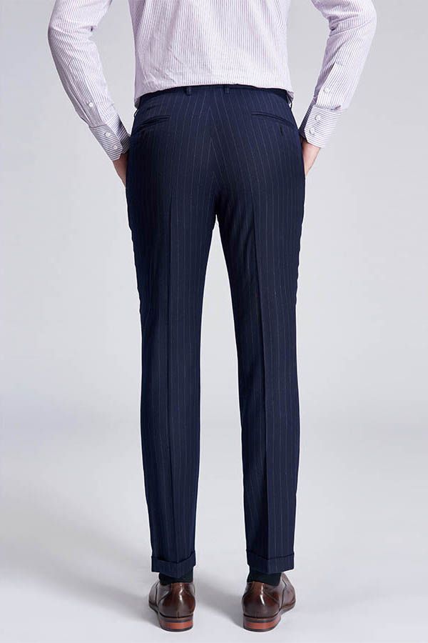 Superior Peak Lapel Double Breasted Mens Suits Pinstripe Dark Navy Suits for Men Formal-Ballbella