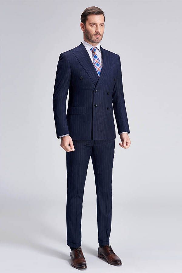 This Superior Peak Lapel Double Breasted Mens Suits, Pinstripe Dark Navy Suits for Men Formal at Ballbella comes in all sizes for prom, wedding and business. Shop an amazing selection of Peaked Lapel Double Breasted Dark Navy mens suits in cheap price.