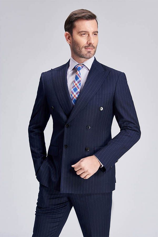 This Superior Peak Lapel Double Breasted Mens Suits, Pinstripe Dark Navy Suits for Men Formal at Ballbella comes in all sizes for prom, wedding and business. Shop an amazing selection of Peaked Lapel Double Breasted Dark Navy mens suits in cheap price.