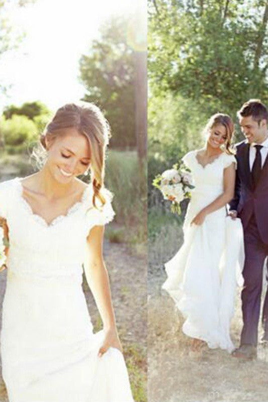 Sweep Train A Line Lace V neck Tulle Sleeveless Wedding Dresses-Ballbella