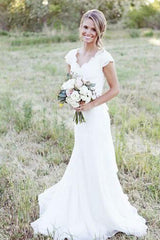 Sweep Train A Line Lace V neck Tulle Sleeveless Wedding Dresses-Ballbella