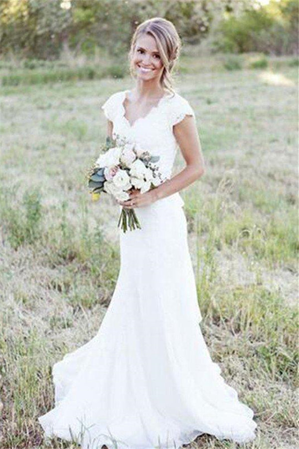 Sweep Train A Line Lace V neck Tulle Sleeveless Wedding Dresses-Ballbella