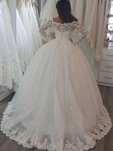 Check this Sweep Train Applique Ball Gown Off-the-Shoulder Lace Long Sleevess Wedding Dresses at ballbella.com, this dress will make your guests say wow. The Off-the-shoulder bodice is thoughtfully lined, and the skirt with Appliques to provide the airy, flatter look of Lace.