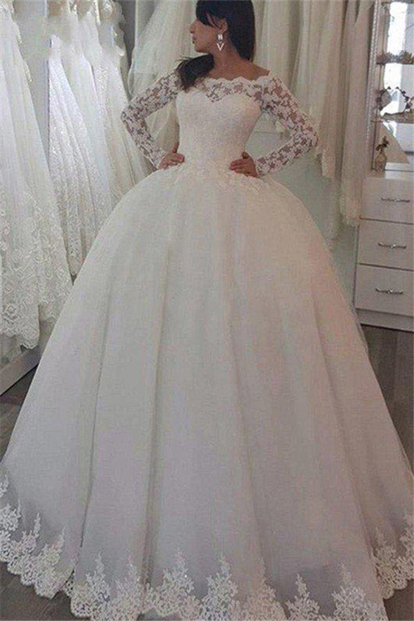 Sweep Train Applique Ball Gown Off the Shoulder Lace Long Sleevess Wedding Dresses-Ballbella