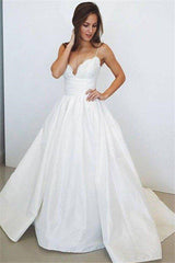 Sweep Train Ball Gown Sleeveless Ruched Satin Spaghetti Straps Wedding Dresses-Ballbella