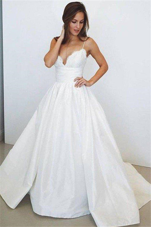 Sweep Train Ball Gown Sleeveless Ruched Satin Spaghetti Straps Wedding Dresses-Ballbella