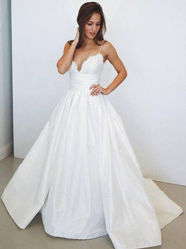 This Ball Gown Sleeveless Ruched Satin Spaghetti Straps Wedding Dresses at ballbella.com will make your guests say wow. The Spaghetti Straps bodice is thoughtfully lined, and the skirt with Ruched to provide the airy, flatter look of Satin.