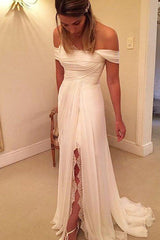 Sweep Train Chiffon A Line Ruffless Off the Shoulder Sleeveless Wedding Dresses-Ballbella
