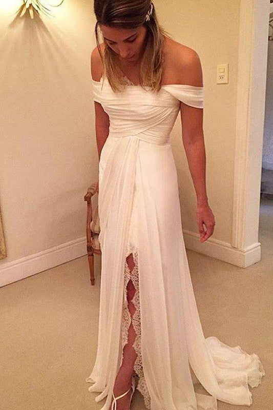 Sweep Train Chiffon A Line Ruffless Off the Shoulder Sleeveless Wedding Dresses-Ballbella
