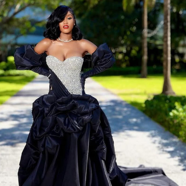 Sweetheart Ball Gown Black Puffy Silver Beaded Prom Dresses