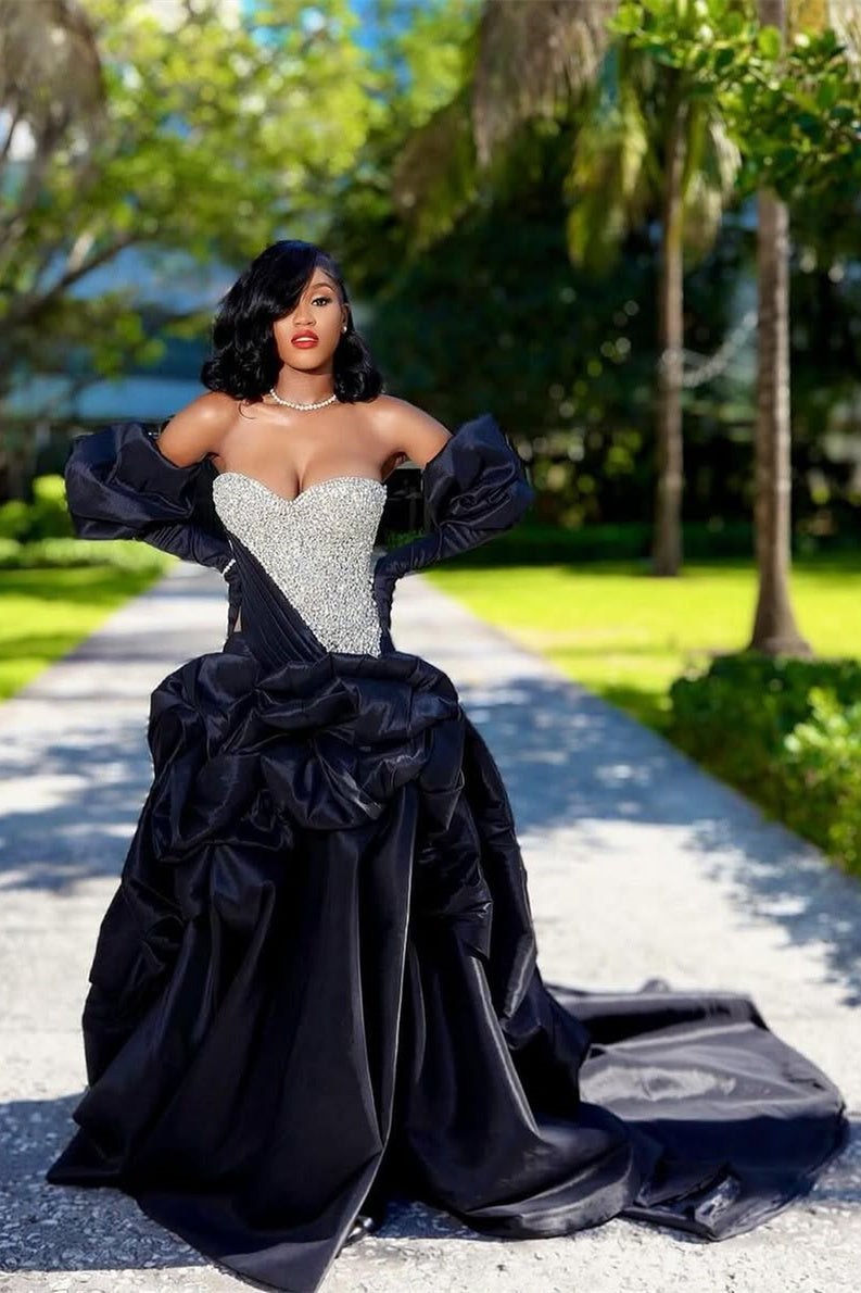 Sweetheart Ball Gown Black Puffy Silver Beaded Prom Dresses
