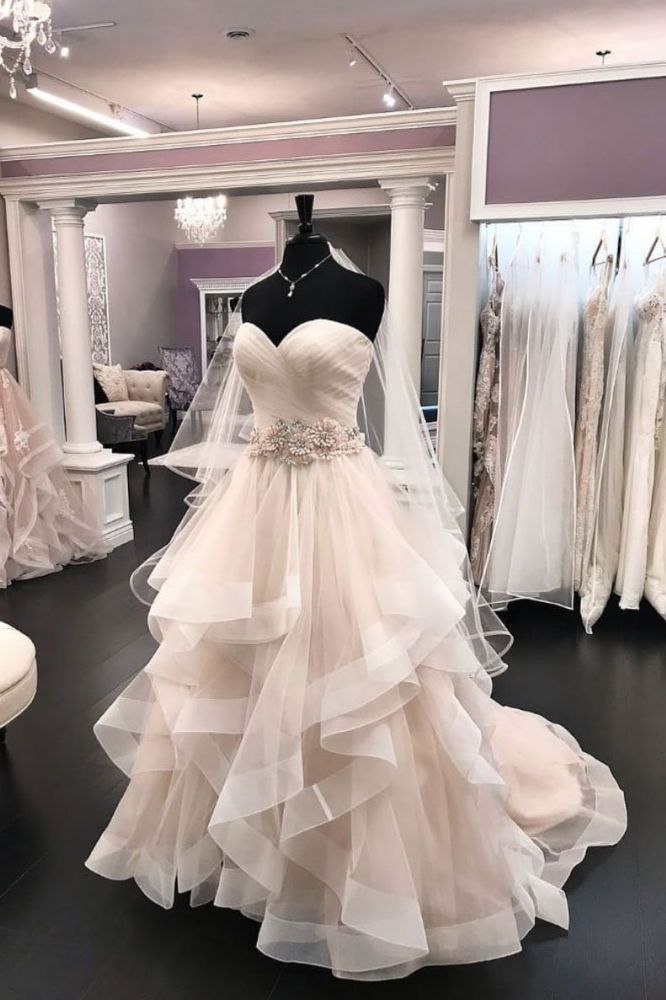 Sweetheart Champange Ruffless Ball Gown Princess Wedding Dress-Ballbella