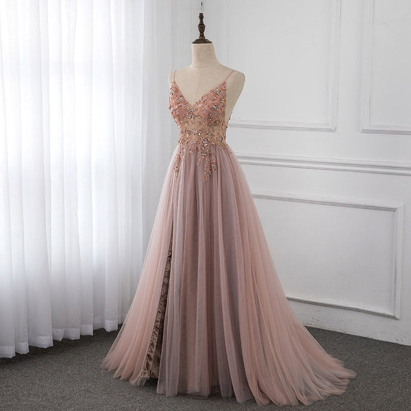 Looking for Prom Dresses, Evening Dresses, Homecoming Dresses, Bridesmaid Dresses in Tulle,  A-line style,  and Gorgeous Beading, Crystal work? Ballbella has all covered on this elegant Sweetheart Crystal Prom Dresses Straps Spaghetti Tulle Evening Gown Split Side.